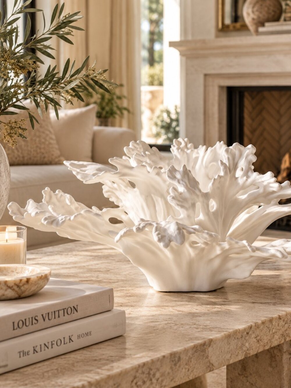 PALECEK Hana White Bone China Coral Sculpture Centerpiece 20.5"
